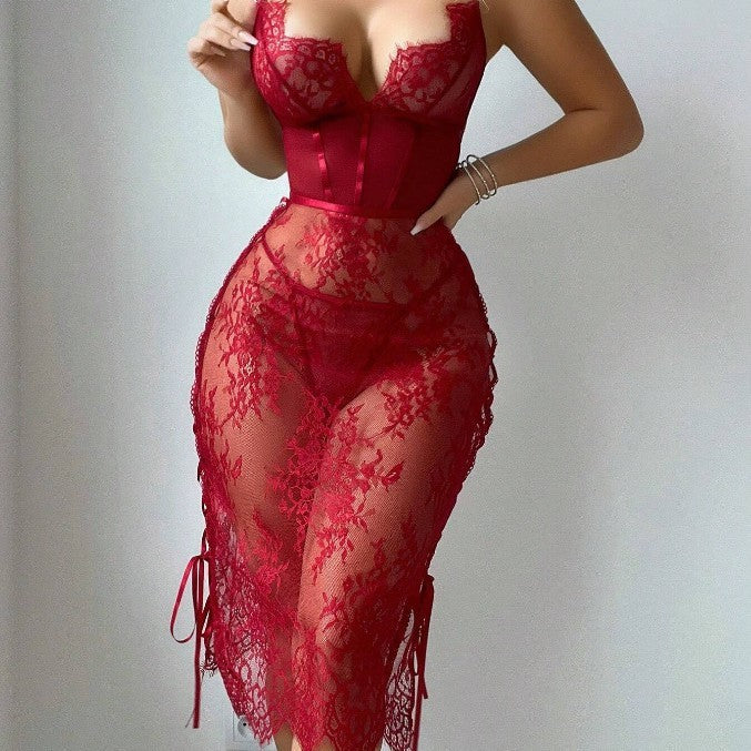 Lace Hollow Red Sexy Topless Sheath Sexy Lingerie Dress -