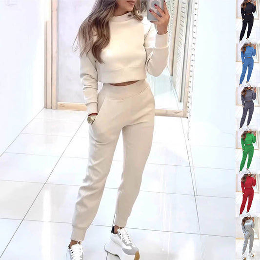 Set Sport-Casual Feminin: Top Mâneci Lungi, Pantaloni Drepți cu Buzunare -