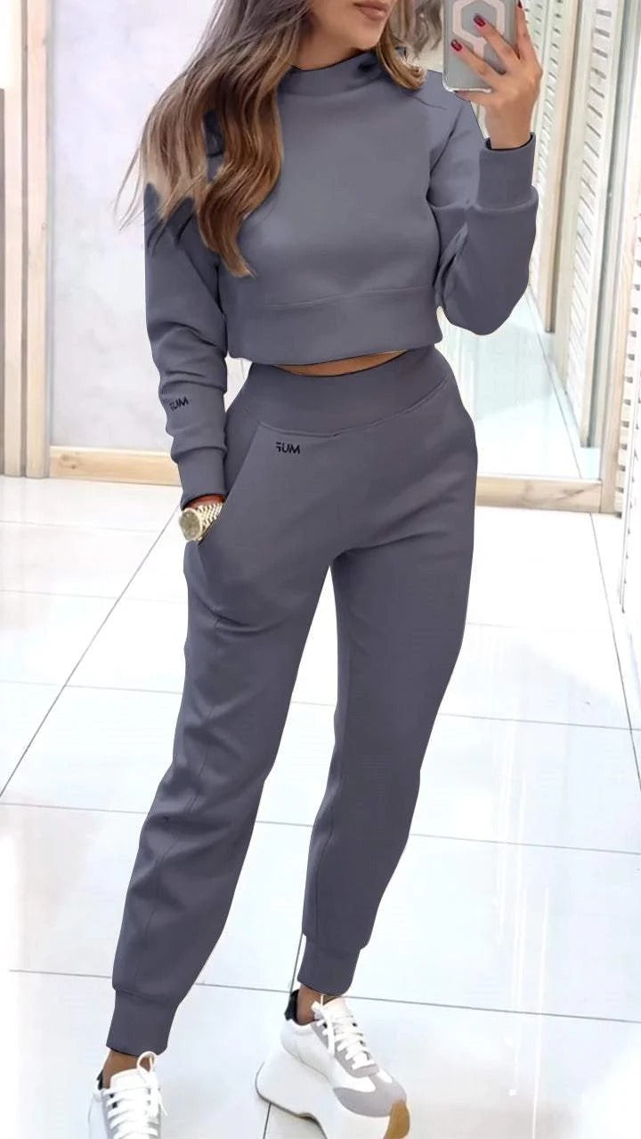 Set Sport-Casual Feminin: Top Mâneci Lungi, Pantaloni Drepți cu Buzunare -