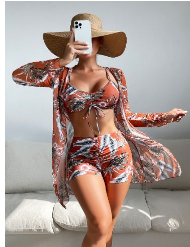 Swimsuit Female Split Three-piece Set High Waist Long Sleeve Smock Drawstring Suit -