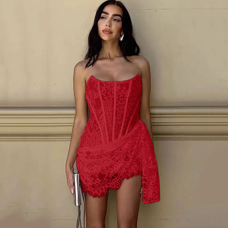 Rochie de Seară din Dantelă - Șireturi Reglabile, Spate Liber -