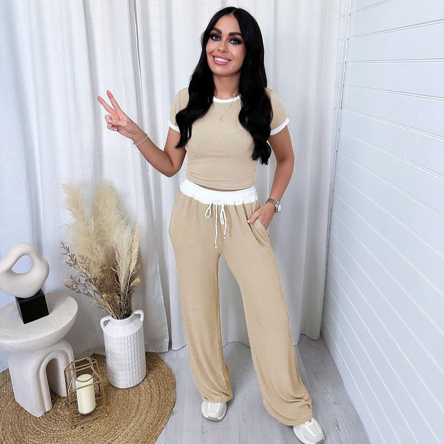 Round Neck Contrast Color Women's Fashion Casual Wide-leg Pants Sports Suit -