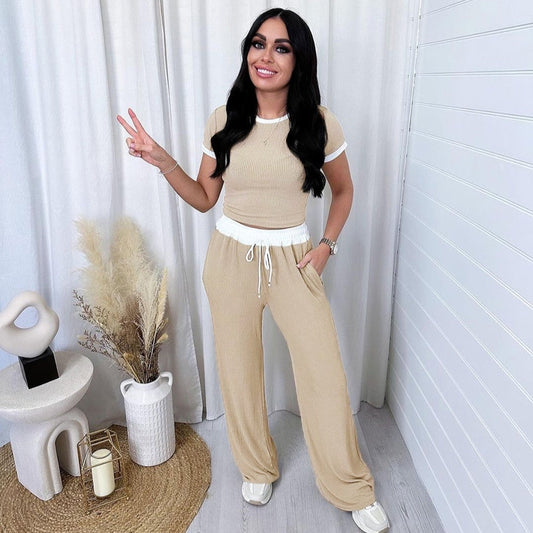 Round Neck Contrast Color Women's Fashion Casual Wide-leg Pants Sports Suit -