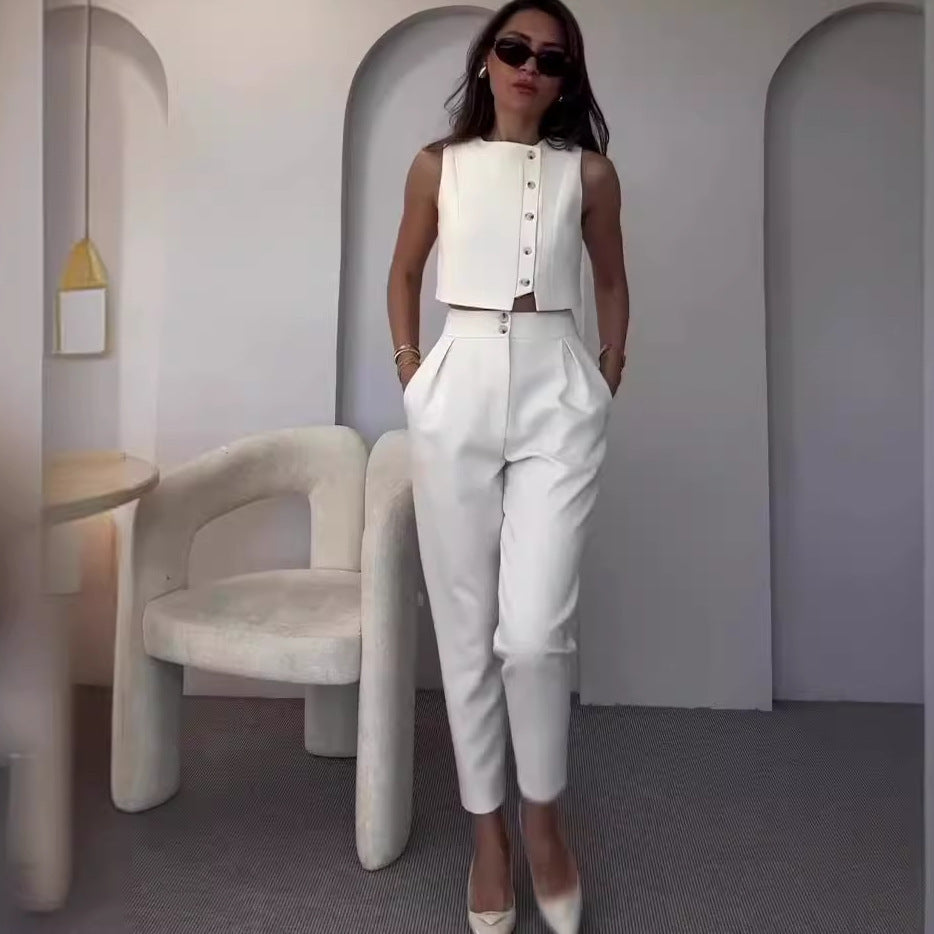 Sleeveless Vest Top High Waist Straight Pants Solid Color Two-piece Set -