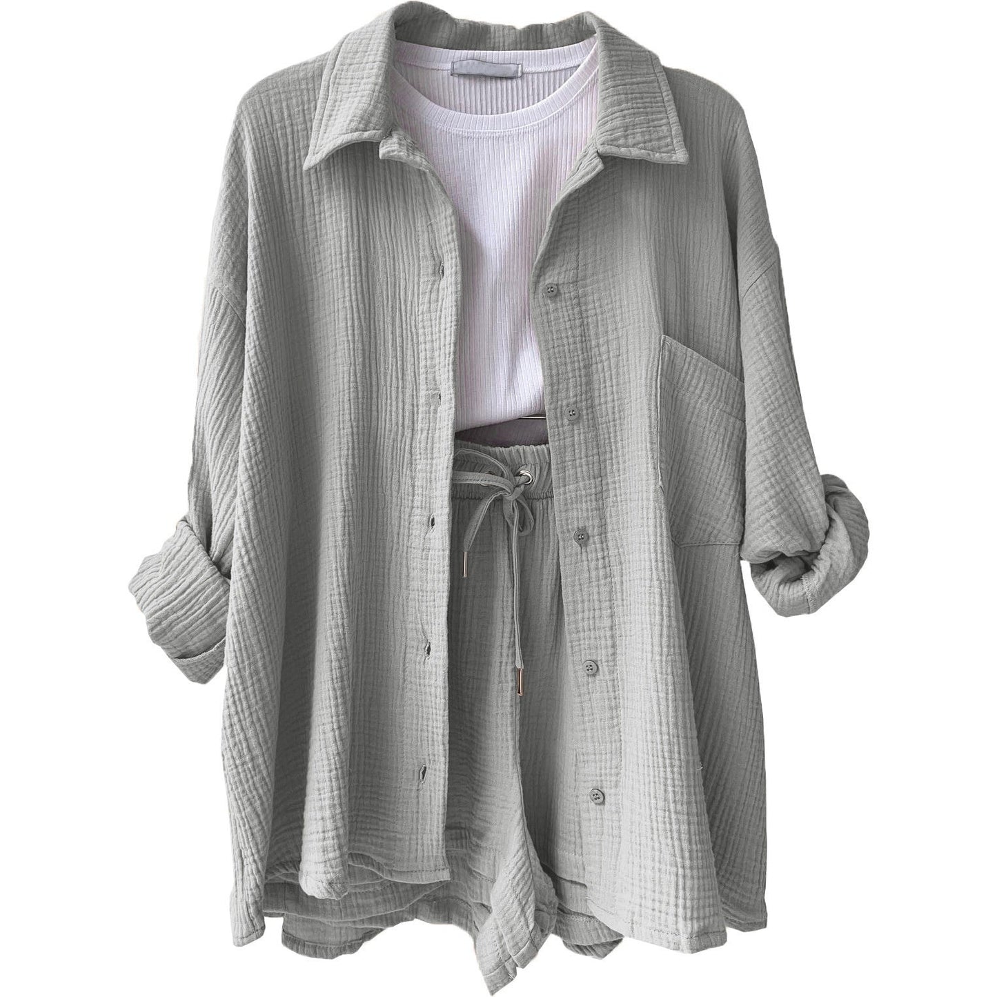 Women's Wrinkled Fabric Lapel Long Sleeved Shirt Shorts Fashion Casual Set -