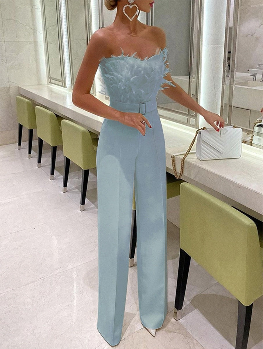 New European And American Feather Tube Top Fashion Jumpsuit -