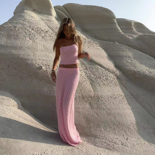 Women's Knitted Beach Short Show Belly Backless Camisole Long Skirt Two-piece Set -