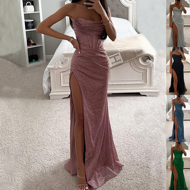 Rochie de Seară cu Curele - Decolteu V, Fentă Sexy, Lungă -