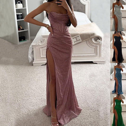 Rochie de Seară cu Curele - Decolteu V, Fentă Sexy, Lungă -