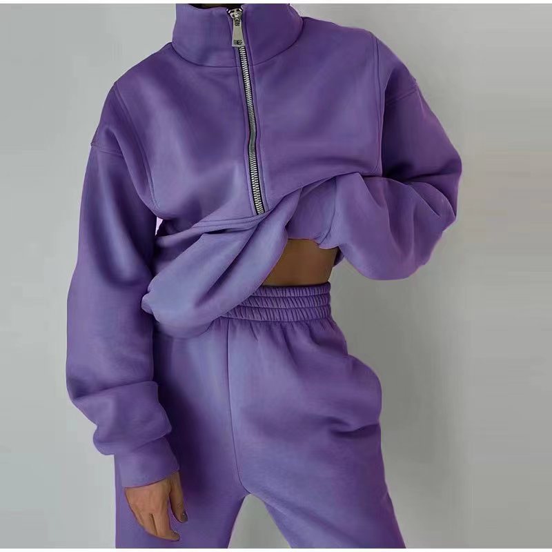 Stand Collar Suit Zip Up Crop Sportswear Long Sleeve Sweatshirt And Trousers For Spring Fall Women's Clothing -