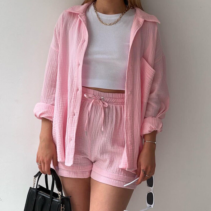 Women's Wrinkled Fabric Lapel Long Sleeved Shirt Shorts Fashion Casual Set -