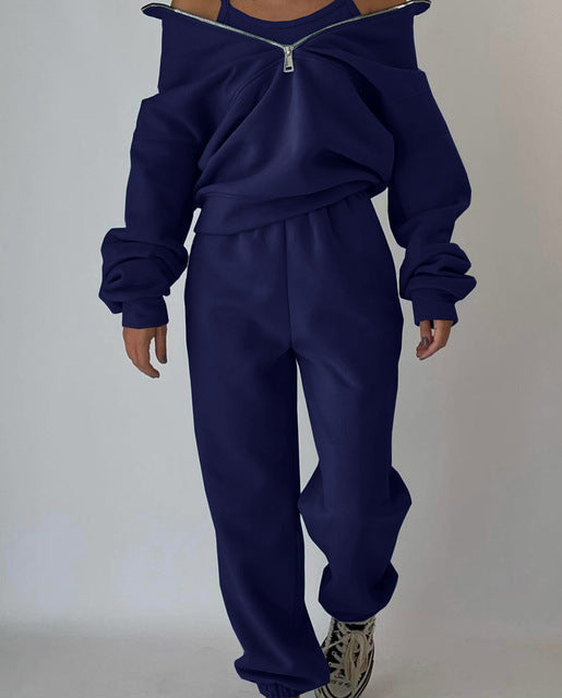 Stand Collar Suit Zip Up Crop Sportswear Long Sleeve Sweatshirt And Trousers For Spring Fall Women's Clothing -