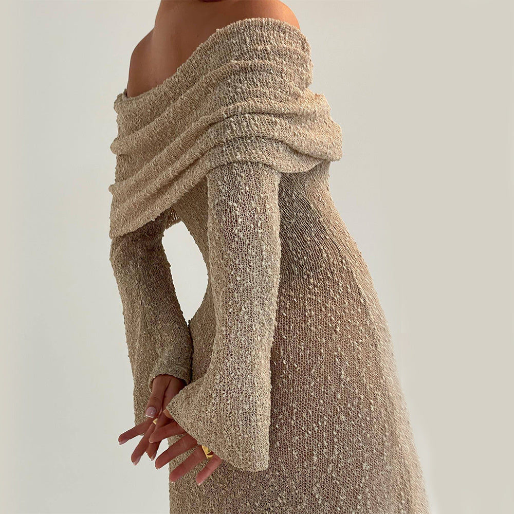 Rochie Maxi Tricotată cu Umăr Liber - Plajă, Mâneci Lungi -