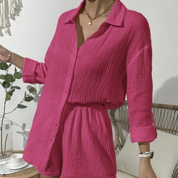 Women's Fashion Solid Color Shirt Casual Shorts Two-piece Set -
