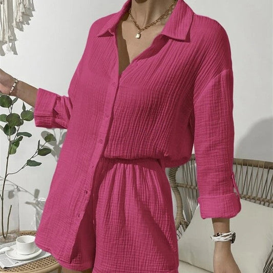 Women's Fashion Solid Color Shirt Casual Shorts Two-piece Set -