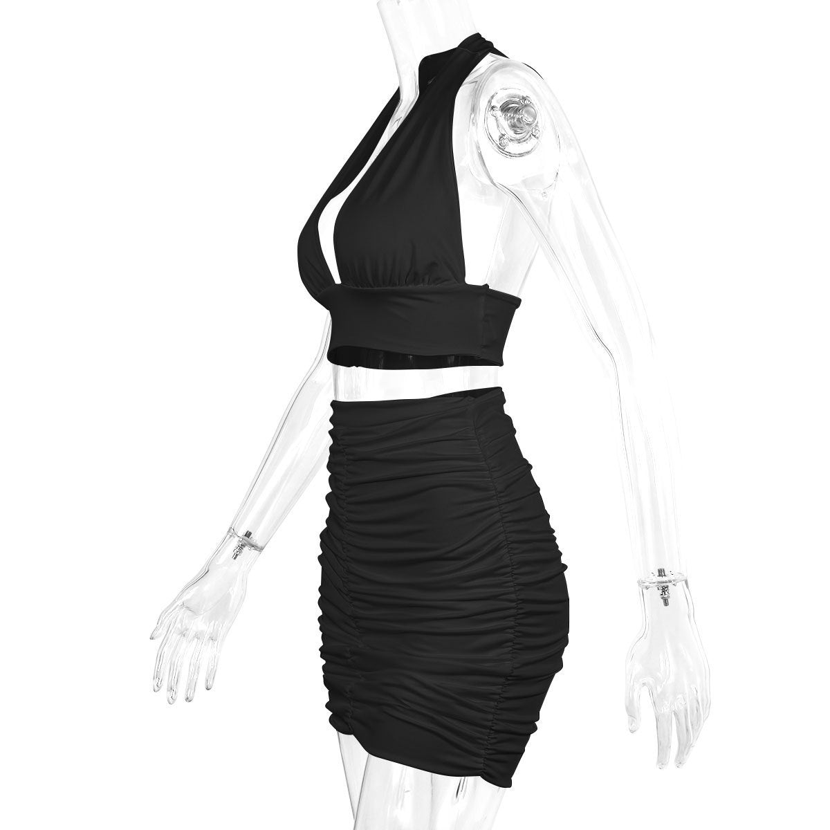 Set Vară - Top Halter Reglabil, Fustă Pliuri Scurtă -
