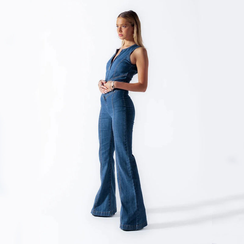 Summer Slim Heart-shape Backless Denim Jumpsuit Women Halter Neck Zip Up High Waist Panst Retro Style Clothing -
