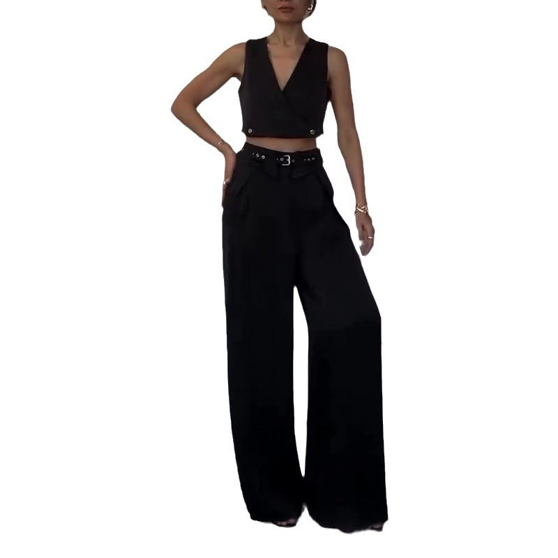 Women's Sleeveless V-neck Short Vest Top Straight-leg Pants Two-piece Set -