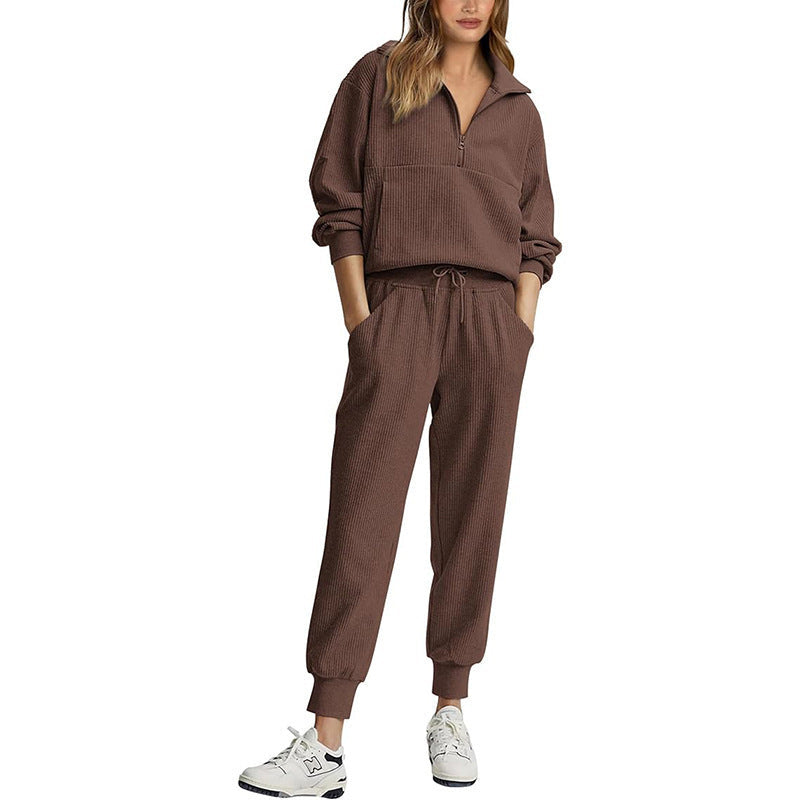 Fashion Casual Long Sleeve Half Zip Sweatshirt Two-piece Set -