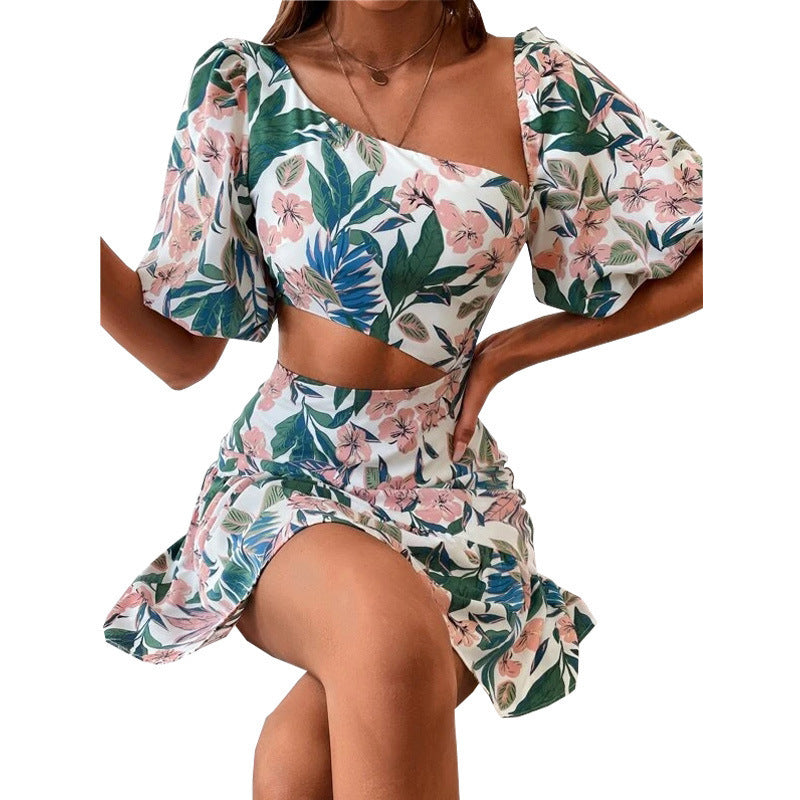 Women's Floral Short Sleeve Dress Two Piece Set -