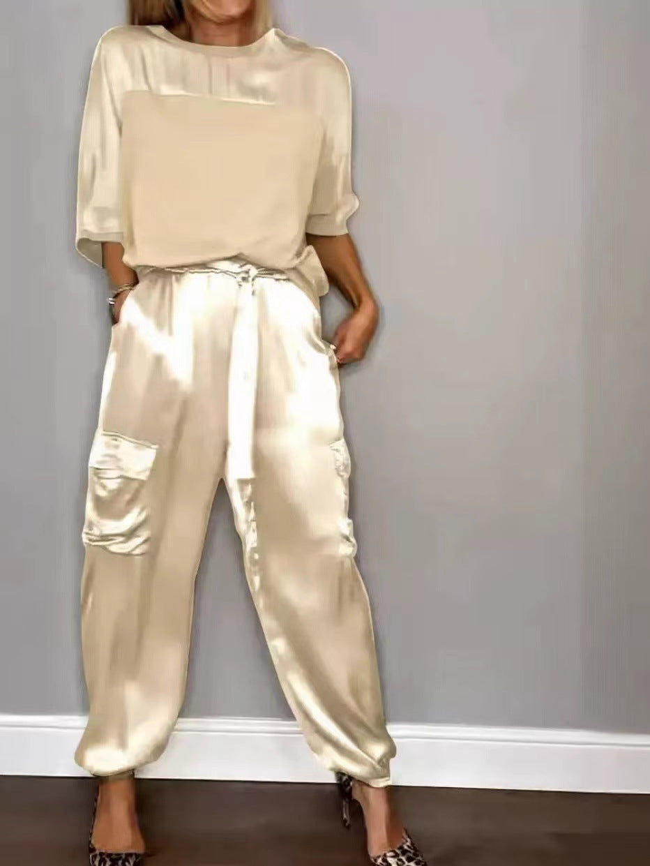 Fashion Women's Smooth Satin Half Sleeve Top Blouse And Pants Two-piece Set -