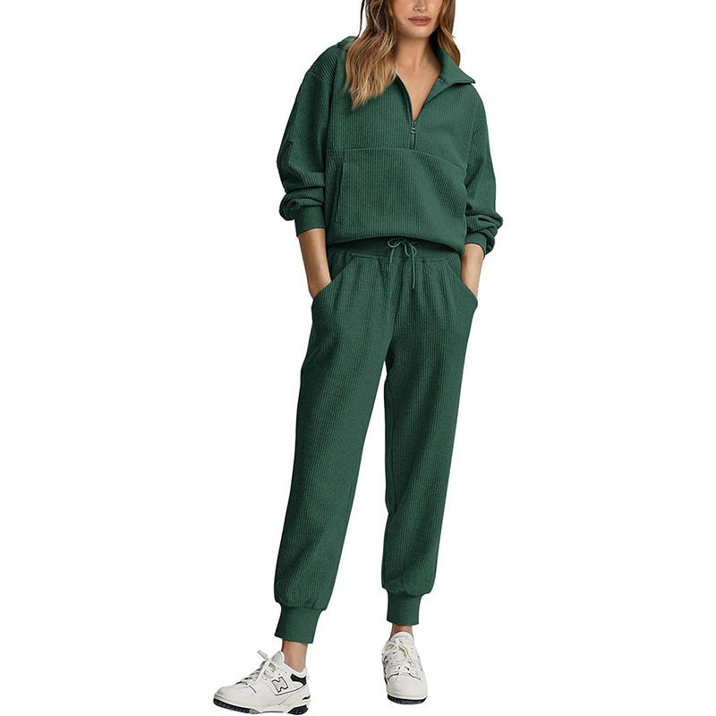 Fashion Casual Long Sleeve Half Zip Sweatshirt Two-piece Set -