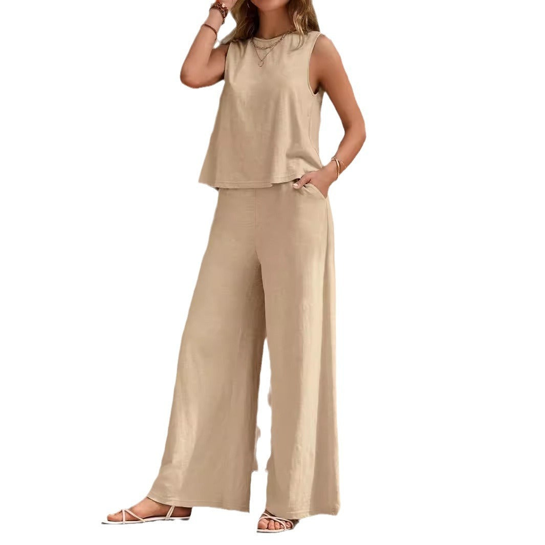 Solid Color Casual Loose Pants Sets For Women Elegant Spring Summer Women's Two Pieces Suit Full Trouser Set Female Outfit Clothes -
