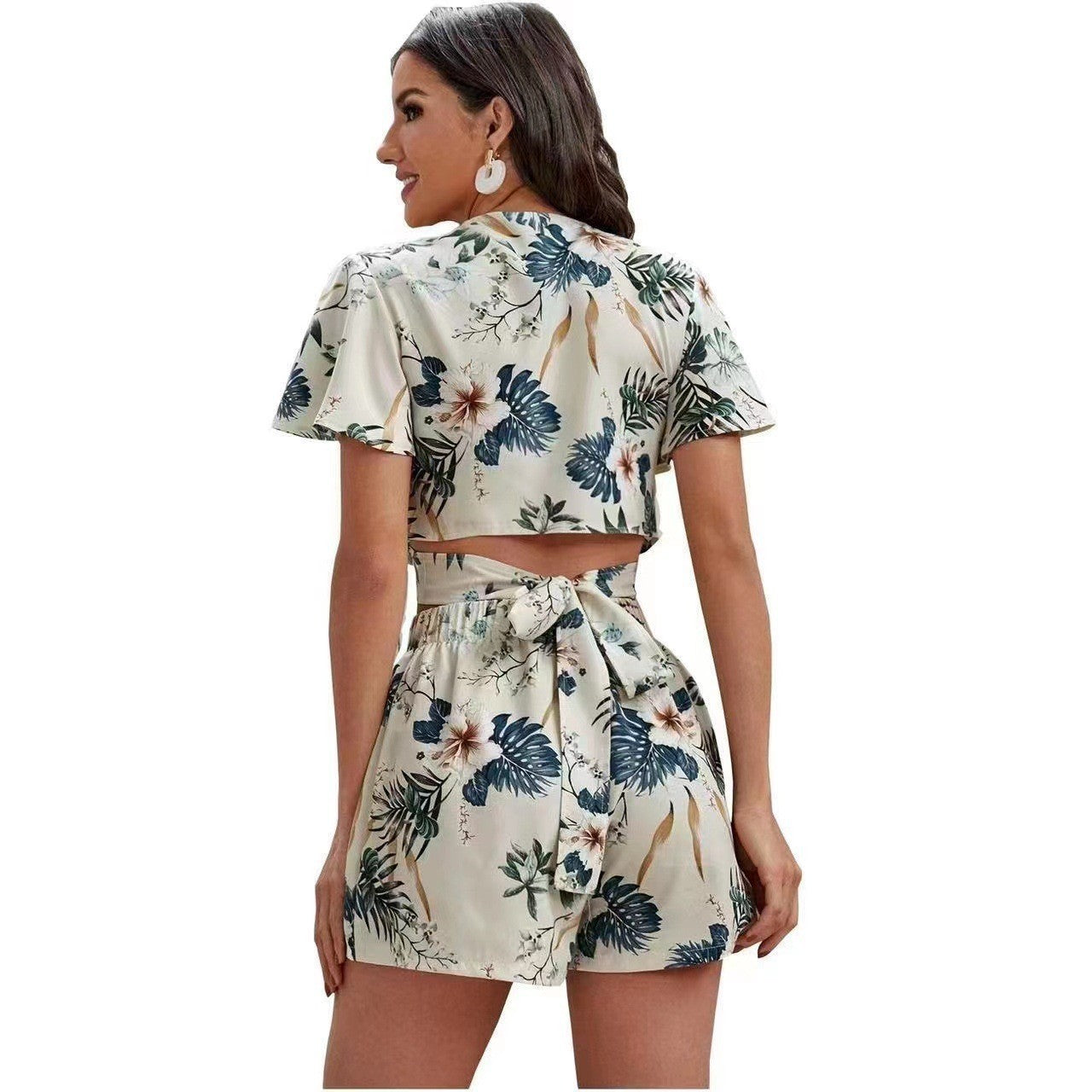 Printed Short-sleeved Shorts Lace-up Midriff Outfit -