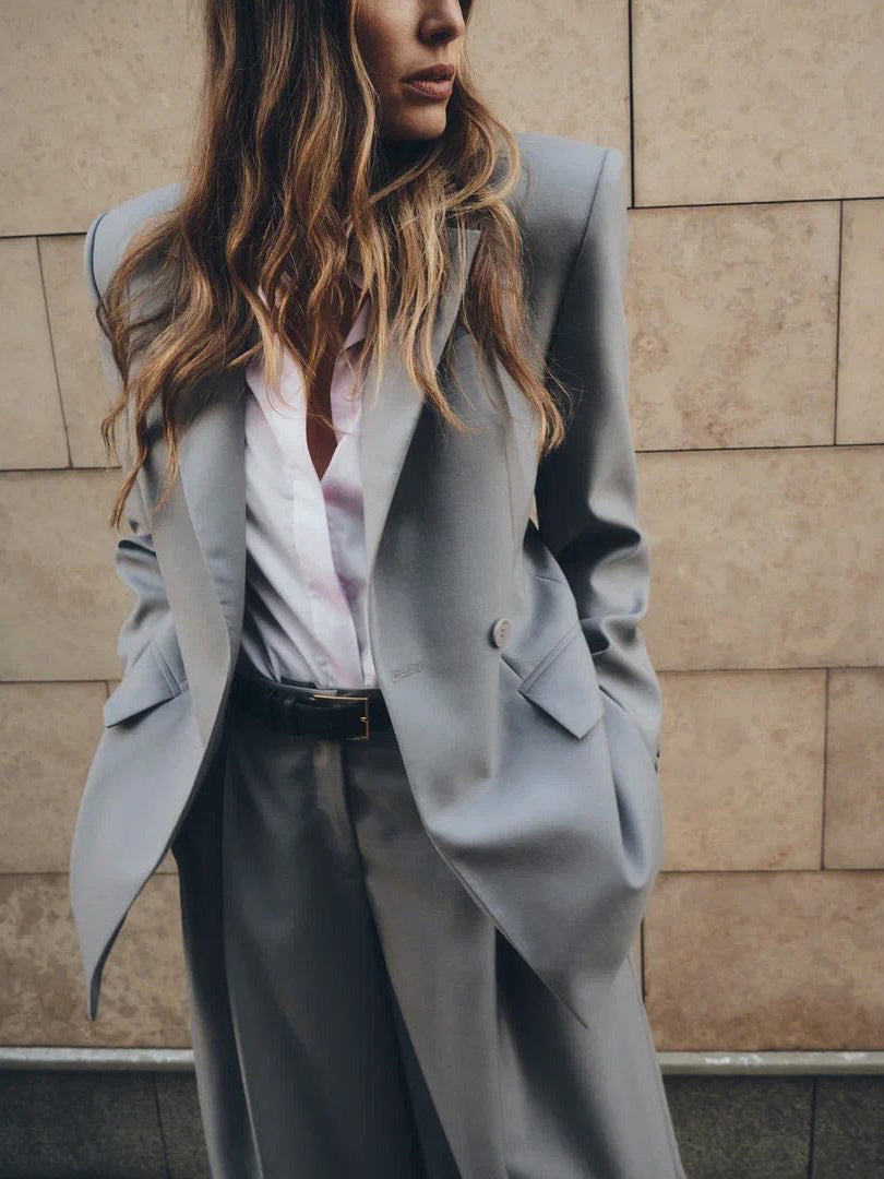 Gray Single-button Blazer & Wide-leg Pants Suit -