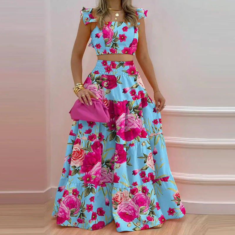 Women's New Solid Color Mid Waist Big Swing Two Piece Dress -