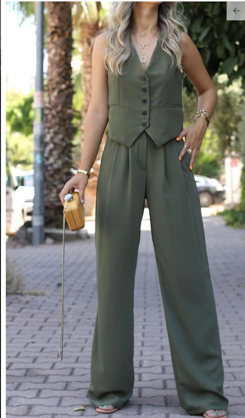 V-neck Sleeveless Waistcoat Vest Drooping Wide-leg Pants Suit -