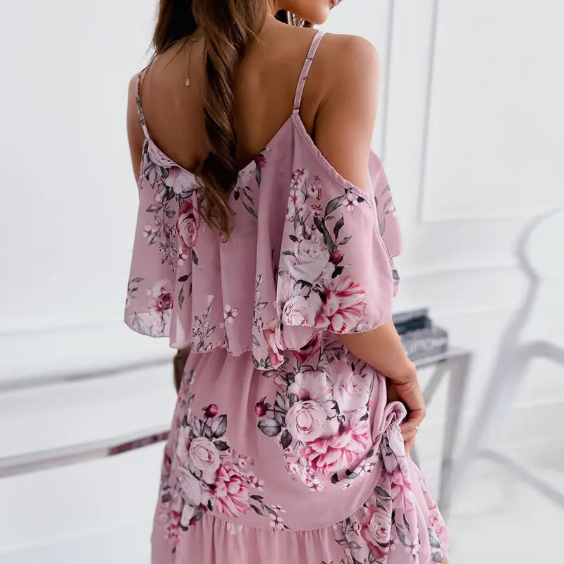 Rochie Vară Off-Shoulder Volane - Bretele Suspender, Floral Romantic, Culori VII -