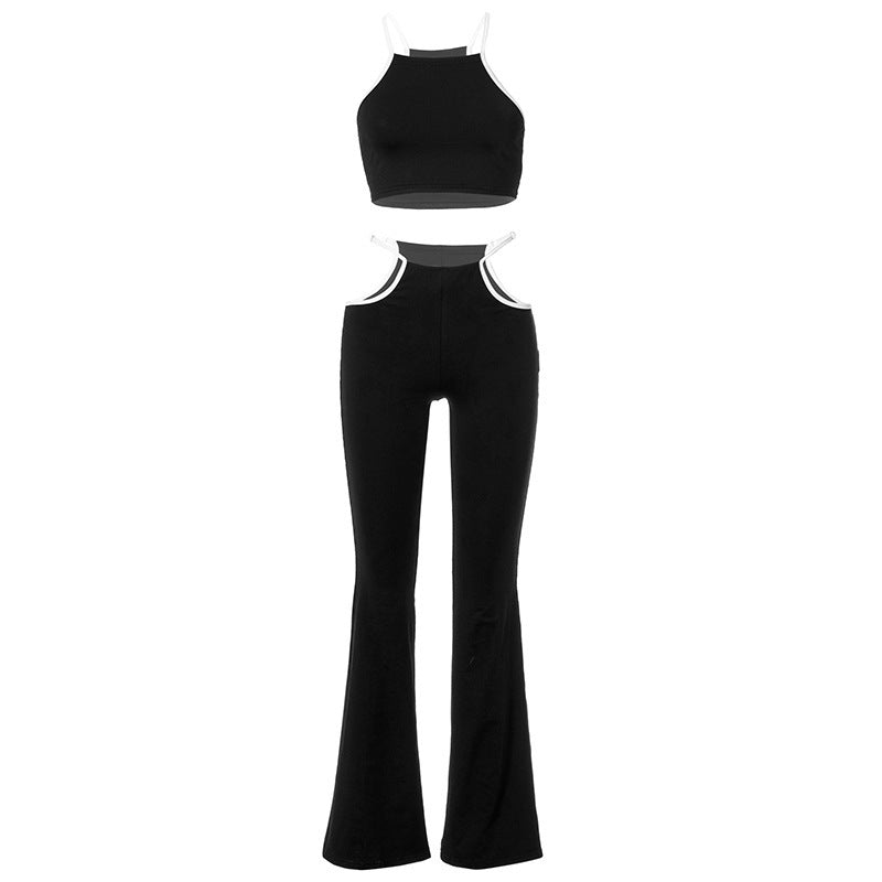 Women's Spaghetti Straps Midriff-baring Vest Wide Leg Pants Suit -