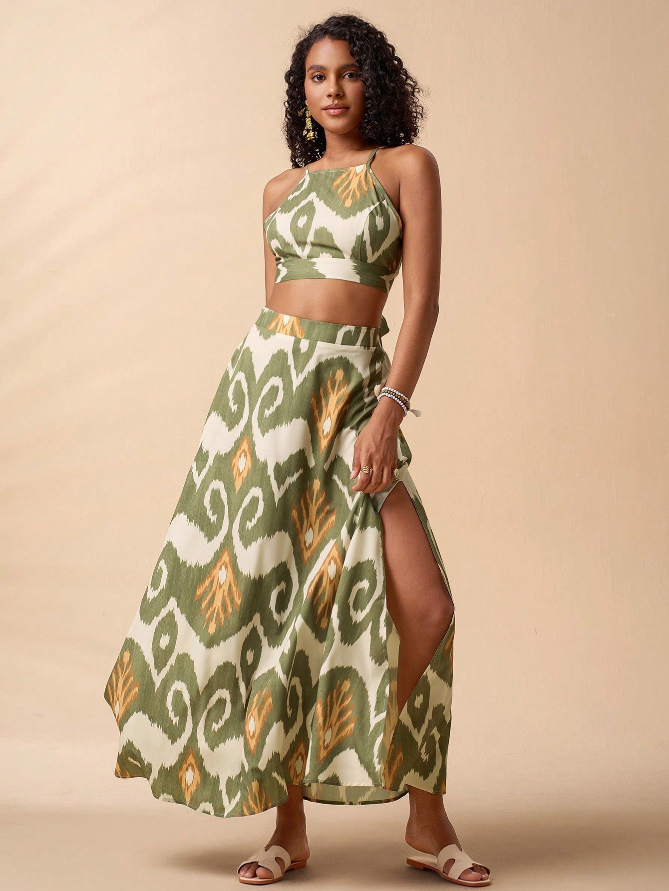 Tropical Print Tie Backless Cami Top & Split Thigh Skirt Two Piece Set -