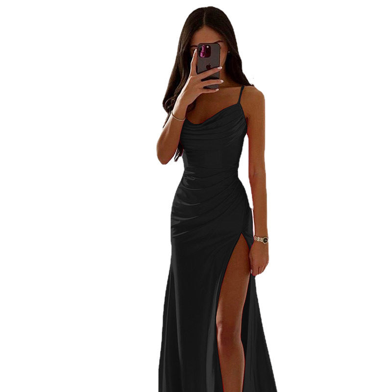 Breast Shrink Pleated Slit Satin Slim-fit Bag Buttock Dress -