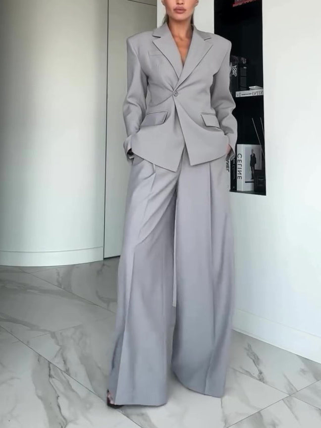 Gray Single-button Blazer & Wide-leg Pants Suit -