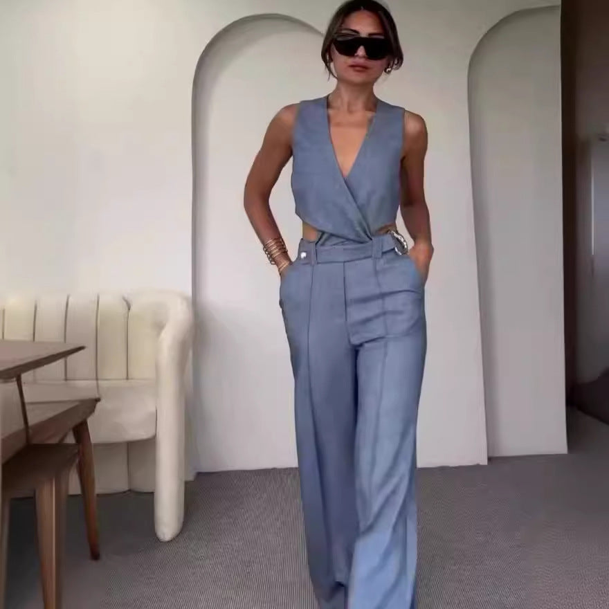 Women's Fashion Cross Slim Sleeveless Vest High Waist Wide Leg Pants Suit -