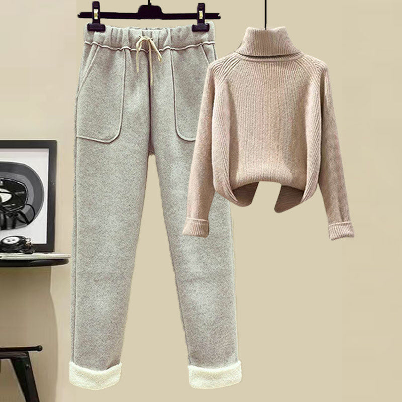 Lamb Wool Fur Sweater Casual Pants Three Piece Set Fashion Suit Women -