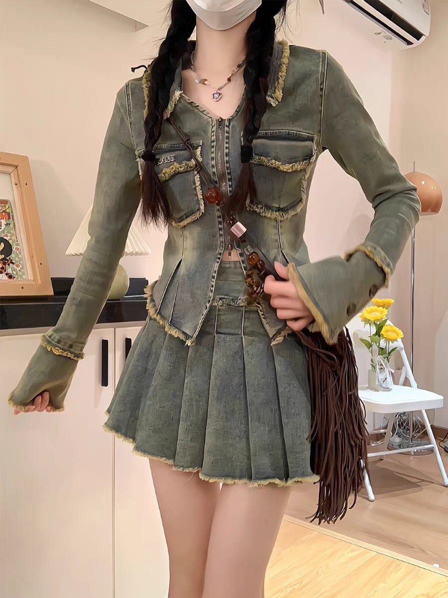 Hot Girl Washed Frayed Hem Denim Short Coat Two-piece Suit -