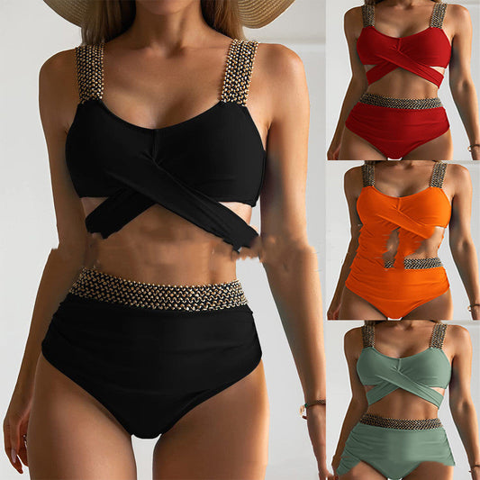 Ladies Two-Piece Bikini Crossover High Waist Swimsuit -