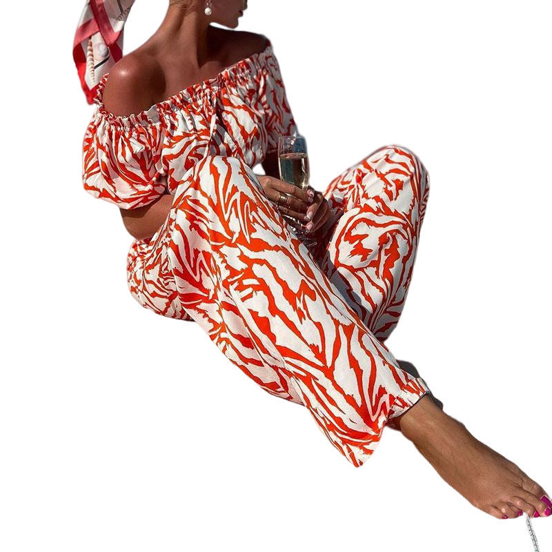 Women's Fashionable Temperament Off-shoulder Short-sleeved Trousers Two-piece Set -
