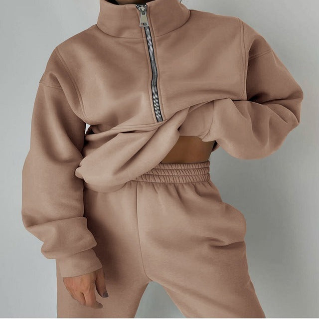 Stand Collar Suit Zip Up Crop Sportswear Long Sleeve Sweatshirt And Trousers For Spring Fall Women's Clothing -