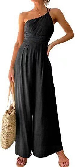 New Solid Color Loose Wide-leg Cotton And Linen Jumpsuit -