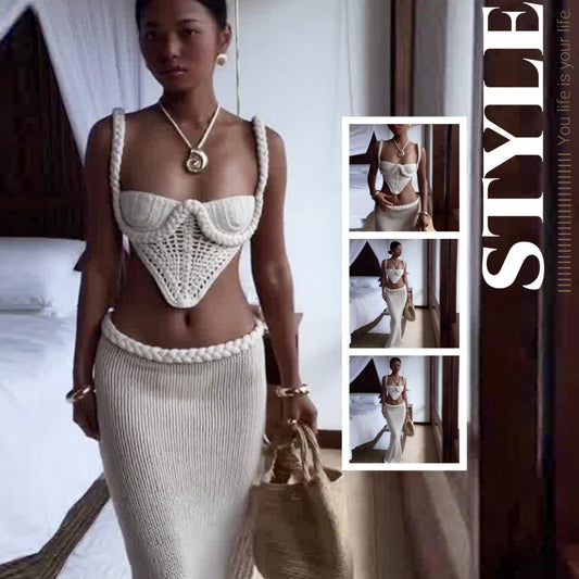 Y2K Crochet Knit 2 Piece Skirt Set Women's Square Collar Camisole Hip Skirt Hollow Out Strapless Tube Top Low Waist Bodycon Maxi Skirts Outfit -