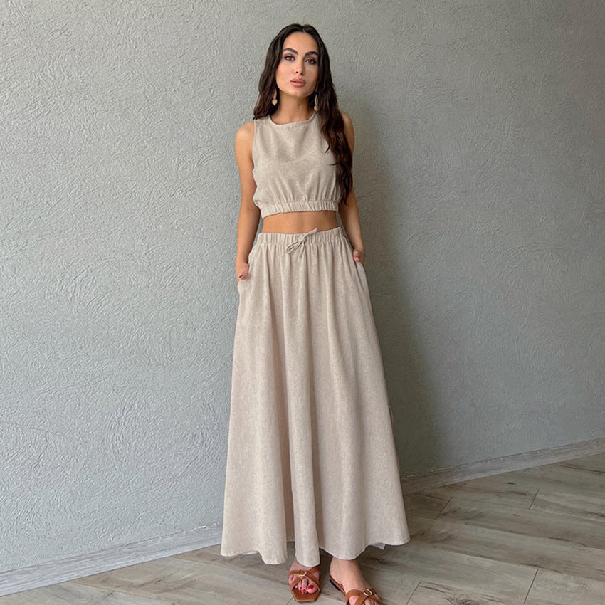 Ladies New Ramie Vest Long Skirt Casual Khaki Suit -