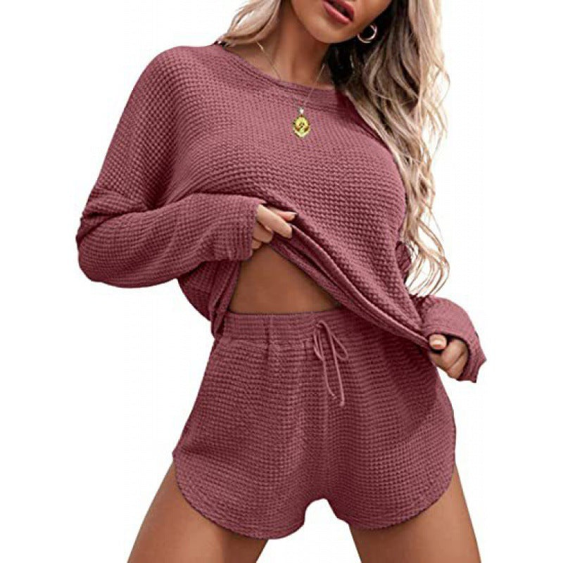 Women's Fashionable Simple Solid Color Waffle Knitted Pajama Set -