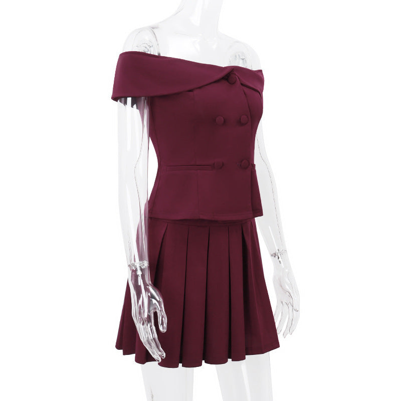 Elegant Suit Double-breasted Off-shoulder Top And Pleated Skirt Womens Clothing -