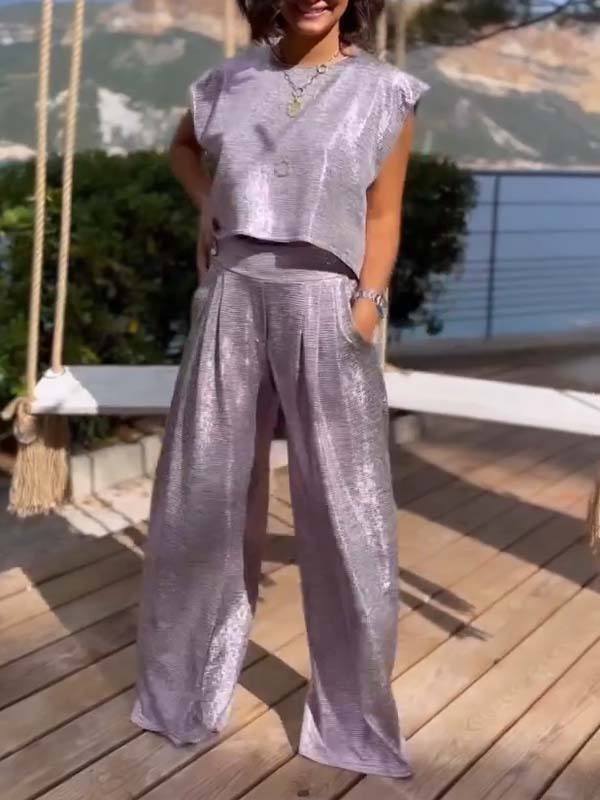 Women's Casual Glossy Vest Wide Leg Pants Two-piece Suit -