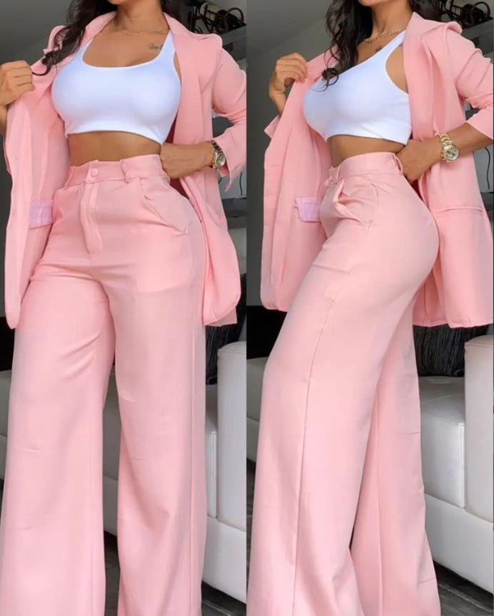 Pure Color Split Sleeve Lapel Suit Straight-leg Pants Suit Women -
