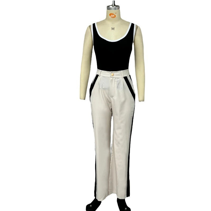 Autumn New Contrast Color Suspenders Slim High Waist Trousers Two-piece Set For Women -